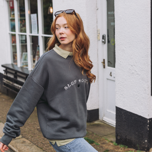 Slow South Arch Embroidered Oversized Sweatshirt - Grey